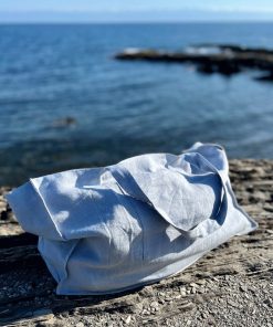 Leinen Beach Bag in Ice Blue, 54 x 35 x 17 cm, handgefertigt, Ökotex