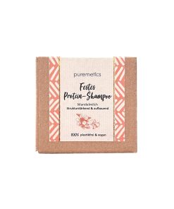 festes Shampoostück in Verpackung aus Pappe, plastikfrei, von Puremetics, Protein Mandelmilch, vegan