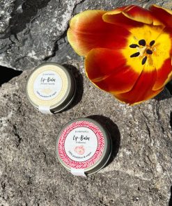 veganer Lipbalm von Puremetics Erdbeere und Vanille-Zitrone auf Stein