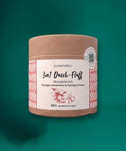 3 in 1 Dusch-Fluff Mandelmilch, Duschgel, Peeling und Bodylotion in Einem, Produkt mit grünem Hintergrund