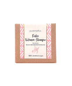 Vorderseite festes Shampoo Volumen Reisblüte von Puremetics, plastikfrei