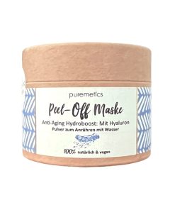 Papierdose Vorderansicht mit Peel-Off Maske Anti-Aging von Puremetics, Pulver zum Anrühren