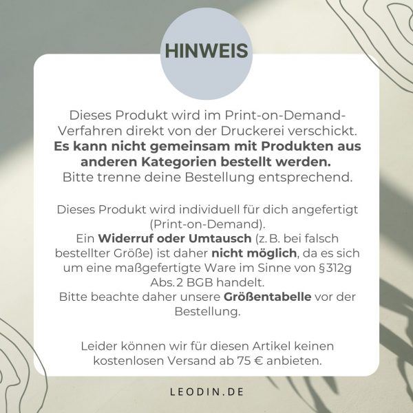 Dieses Produkt wird im Print-on-Demand-Verfahren direkt von der Druckerei verschickt. Es kann nicht gemeinsam mit Produkten aus anderen Kategorien bestellt werden. Bitte trenne deine Bestellung entsprechend. Kein Umtausch und Rückgabe.