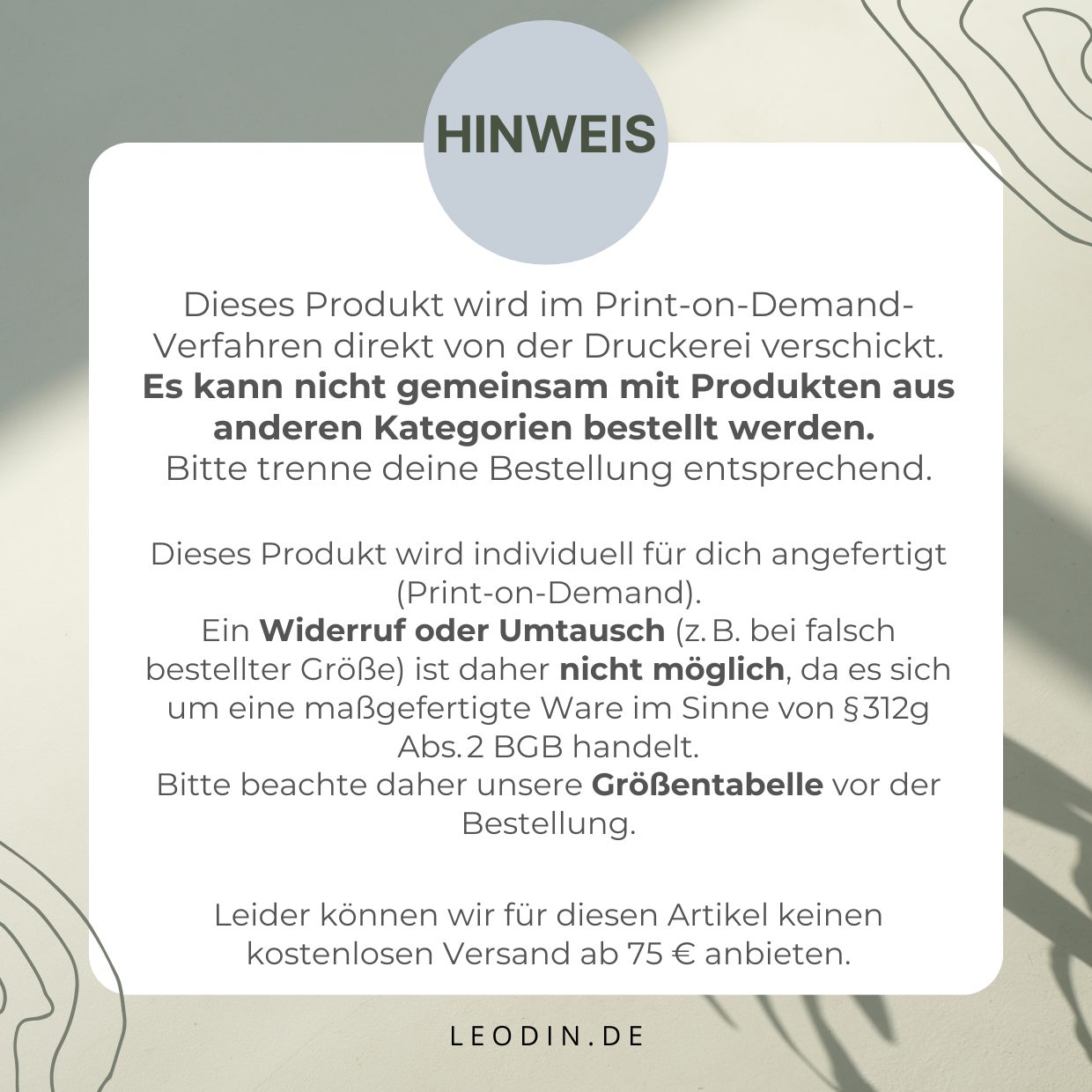Dieses Produkt wird im Print-on-Demand-Verfahren direkt von der Druckerei verschickt. Es kann nicht gemeinsam mit Produkten aus anderen Kategorien bestellt werden. Bitte trenne deine Bestellung entsprechend. Kein Umtausch und Rückgabe.