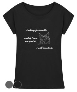 Schwarzes Damen T-Shirt mit weißem Katzen-Print und Statement-Spruch, Long Fit mit überschnittenen Ärmeln