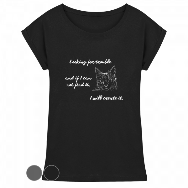 Schwarzes Damen T-Shirt mit weißem Katzen-Print und Statement-Spruch, Long Fit mit überschnittenen Ärmeln