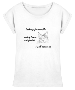 Weißes Damen T-Shirt mit schwarzem Katzen-Print und Statement-Spruch, Long Fit mit überschnittenen Ärmeln