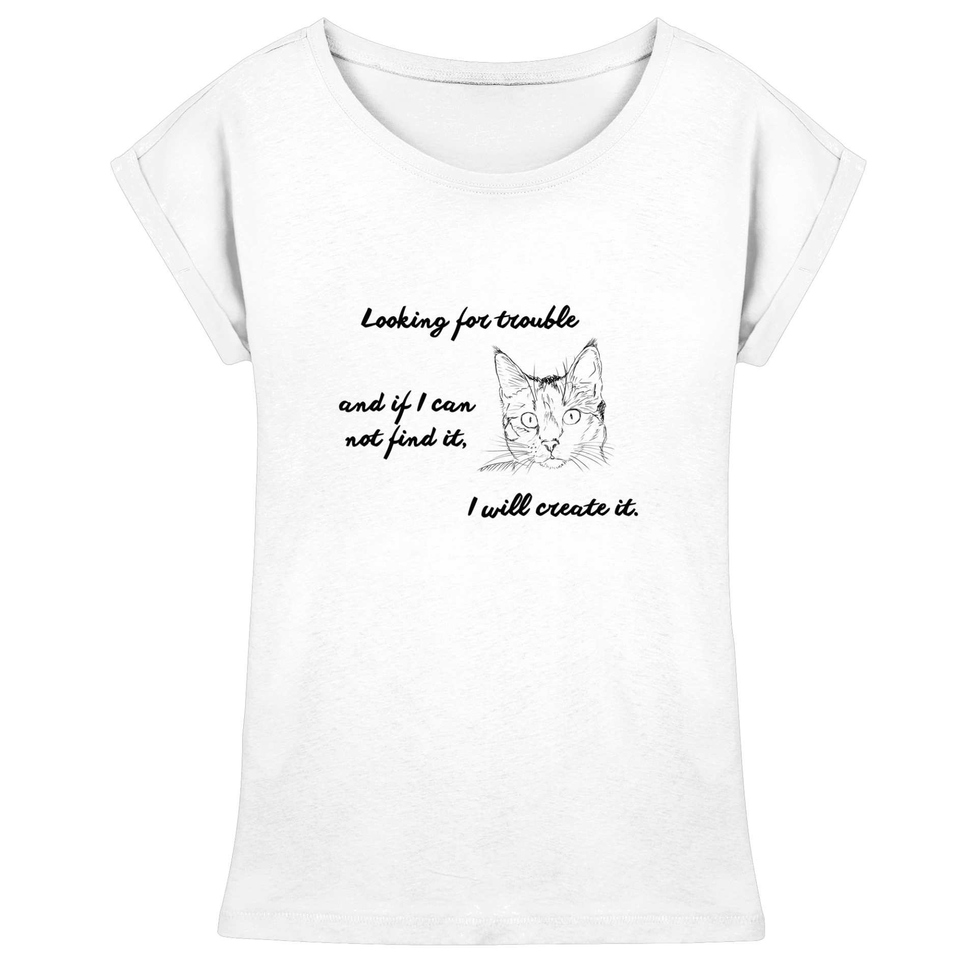 Weißes Damen T-Shirt mit schwarzem Katzen-Print und Statement-Spruch, Long Fit mit überschnittenen Ärmeln