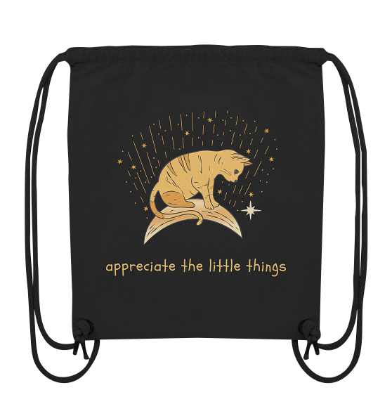 Schwarzer Organic Turnbeutel mit Katzenmotiv und Schriftzug „appreciate the little things“
