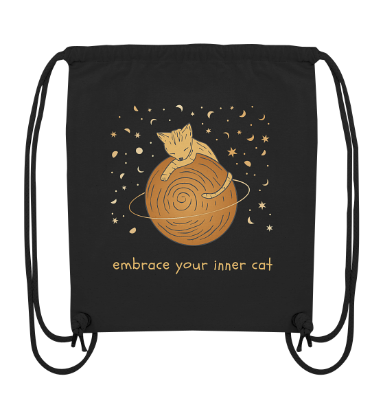 Schwarzer Organic Turnbeutel mit buntem Katzenmotiv auf Planet und Schriftzug „embrace your inner cat“