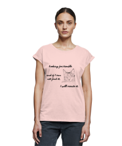 Damen T-Shirt Katzen „trouble“ in Rosa mit schwarzem Katzen-Print und Statement-Spruch, Long Fit mit extended shoulders, Leodin Shop