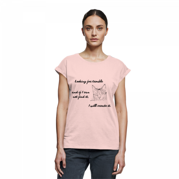 Damen T-Shirt Katzen „trouble“ in Rosa mit schwarzem Katzen-Print und Statement-Spruch, Long Fit mit extended shoulders, Leodin Shop