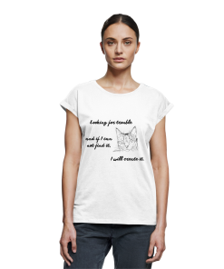Damen T-Shirt Katzen „trouble“ in Weiß mit schwarzem Katzen-Print und Statement-Spruch, Long Fit mit extended shoulders, Leodin Shop
