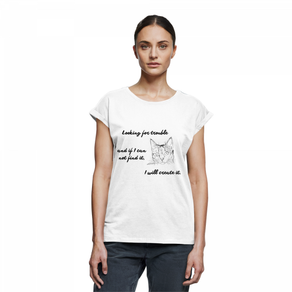 Damen T-Shirt Katzen „trouble“ in Weiß mit schwarzem Katzen-Print und Statement-Spruch, Long Fit mit extended shoulders, Leodin Shop