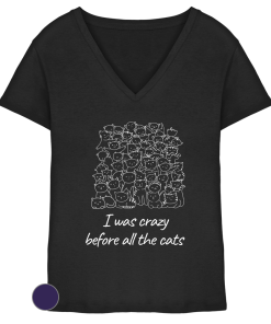 Schwarzes Damen V-Ausschnitt T-Shirt mit weißem Katzenprint und Schriftzug „I was crazy before all the cats“