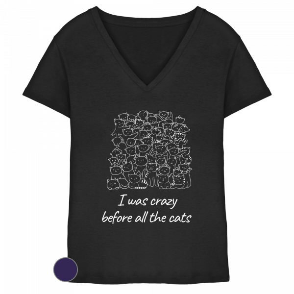 Schwarzes Damen V-Ausschnitt T-Shirt mit weißem Katzenprint und Schriftzug „I was crazy before all the cats“