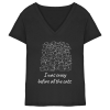 Schwarzes Damen V-Ausschnitt T-Shirt mit weißem Katzenprint und Schriftzug „I was crazy before all the cats“
