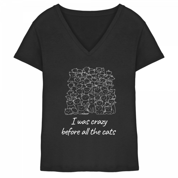 Schwarzes Damen V-Ausschnitt T-Shirt mit weißem Katzenprint und Schriftzug „I was crazy before all the cats“