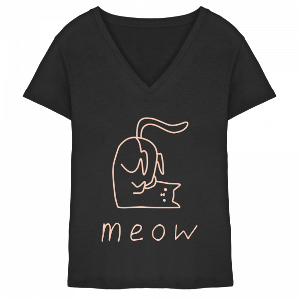 Schwarzes Damen V-Neck T-Shirt mit rosa Katzenmotiv meow aus Bio-Baumwolle von LEODIN Design