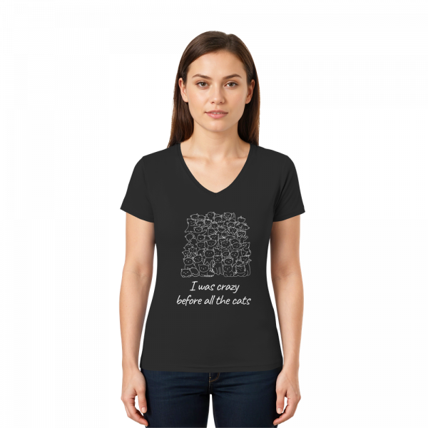 Damen V-Neck Katzen T-Shirt „all the cats“ in Schwarz mit weißem Aufdruck am Model getragen