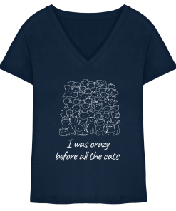 Navy Damen V-Ausschnitt Shirt mit weißem Katzenmotiv und Statement „I was crazy before all the cats“
