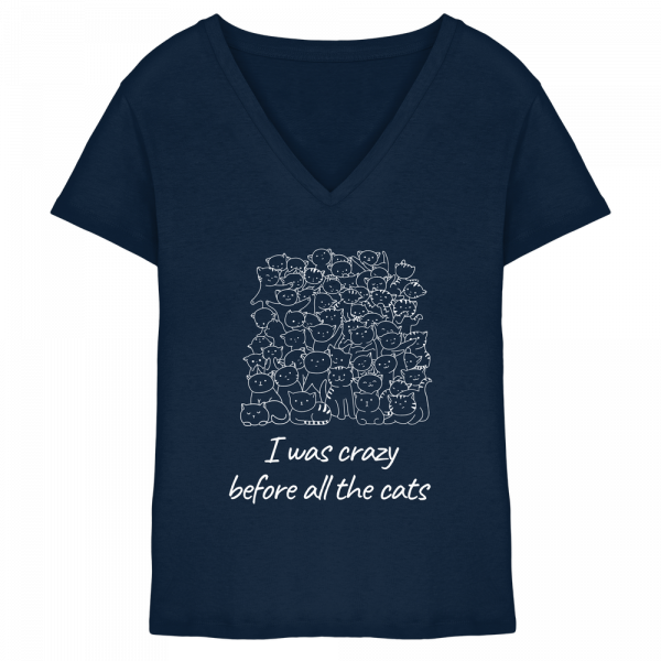 Navy Damen V-Ausschnitt Shirt mit weißem Katzenmotiv und Statement „I was crazy before all the cats“