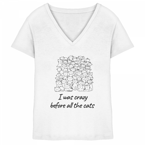 Weißes Damen V-Neck T-Shirt mit Katzenmotiv und Schriftzug „I was crazy before all the cats“