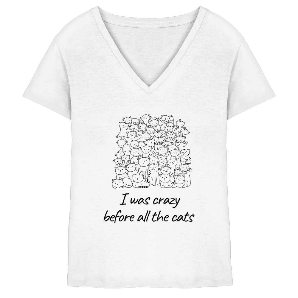 Weißes Damen V-Neck T-Shirt mit Katzenmotiv und Schriftzug „I was crazy before all the cats“