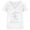 Weißes Damen V-Neck T-Shirt mit grünem Katzen Linienprint und Schriftzug meow aus Bio-Baumwolle von LEODIN Design
