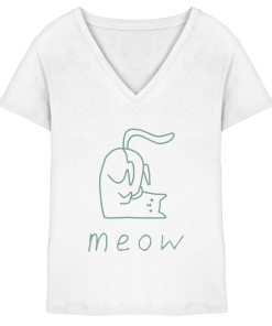 Weißes Damen V-Neck T-Shirt mit grünem Katzen Linienprint und Schriftzug meow aus Bio-Baumwolle von LEODIN Design