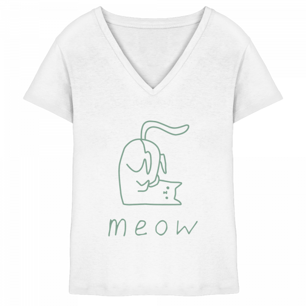 Weißes Damen V-Neck T-Shirt mit grünem Katzen Linienprint und Schriftzug meow aus Bio-Baumwolle von LEODIN Design