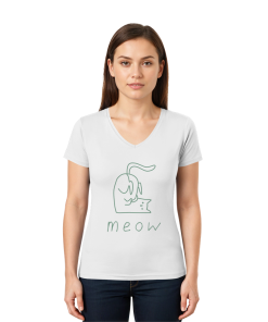 Dame trägt weißes Bio V-Neck T-Shirt mit grünem Katzenmotiv meow von LEODIN Design