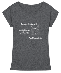 Charcoal Damen T-Shirt mit weißem Katzenmotiv und Statement, Jersey-Stoff mit Long Fit Schnitt