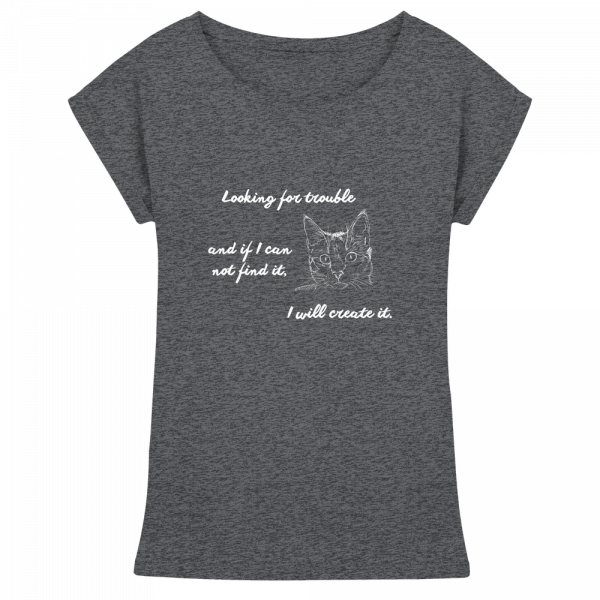 Charcoal Damen T-Shirt mit weißem Katzenmotiv und Statement, Jersey-Stoff mit Long Fit Schnitt