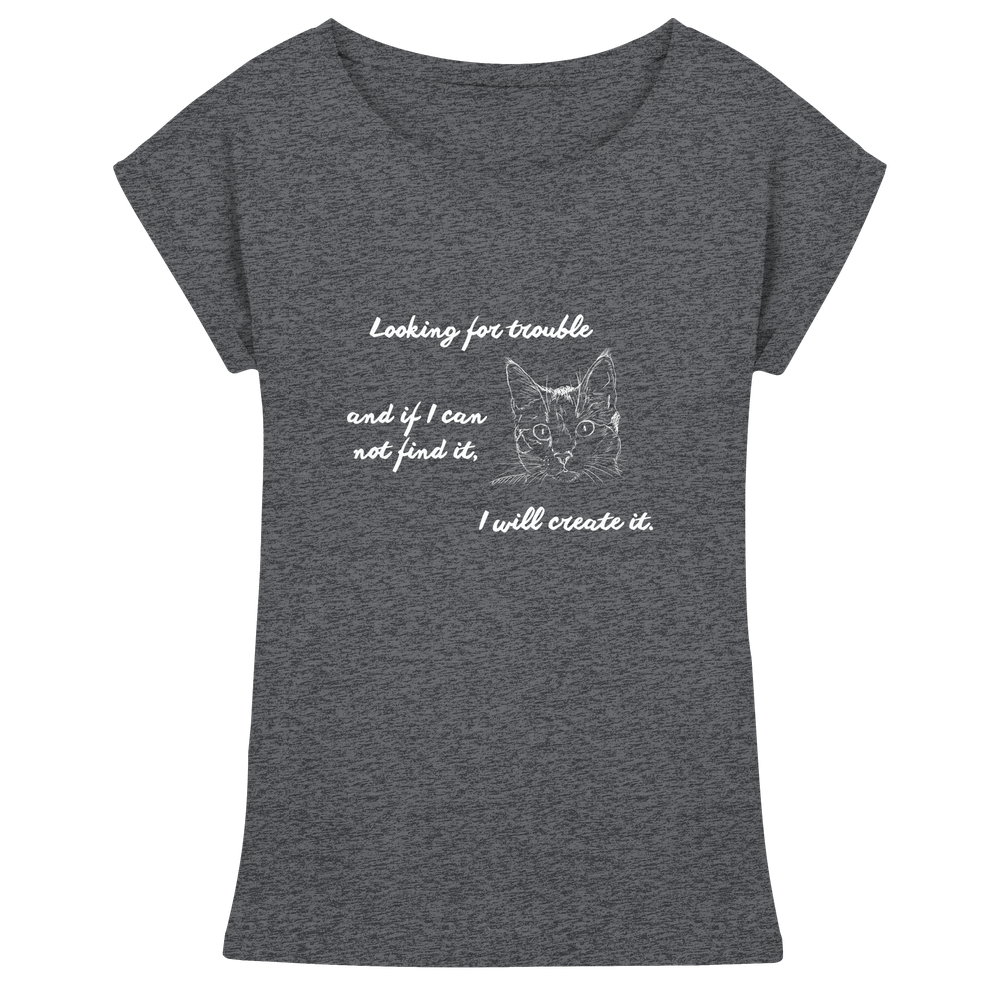 Charcoal Damen T-Shirt mit weißem Katzenmotiv und Statement, Jersey-Stoff mit Long Fit Schnitt