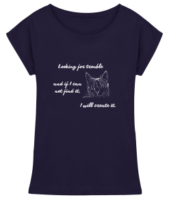 Navy Damen T-Shirt mit weißem Katzen-Print und umgeschlagenen Ärmeln, Long Fit aus Baumwolle