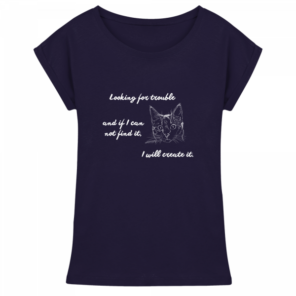 Navy Damen T-Shirt mit weißem Katzen-Print und umgeschlagenen Ärmeln, Long Fit aus Baumwolle