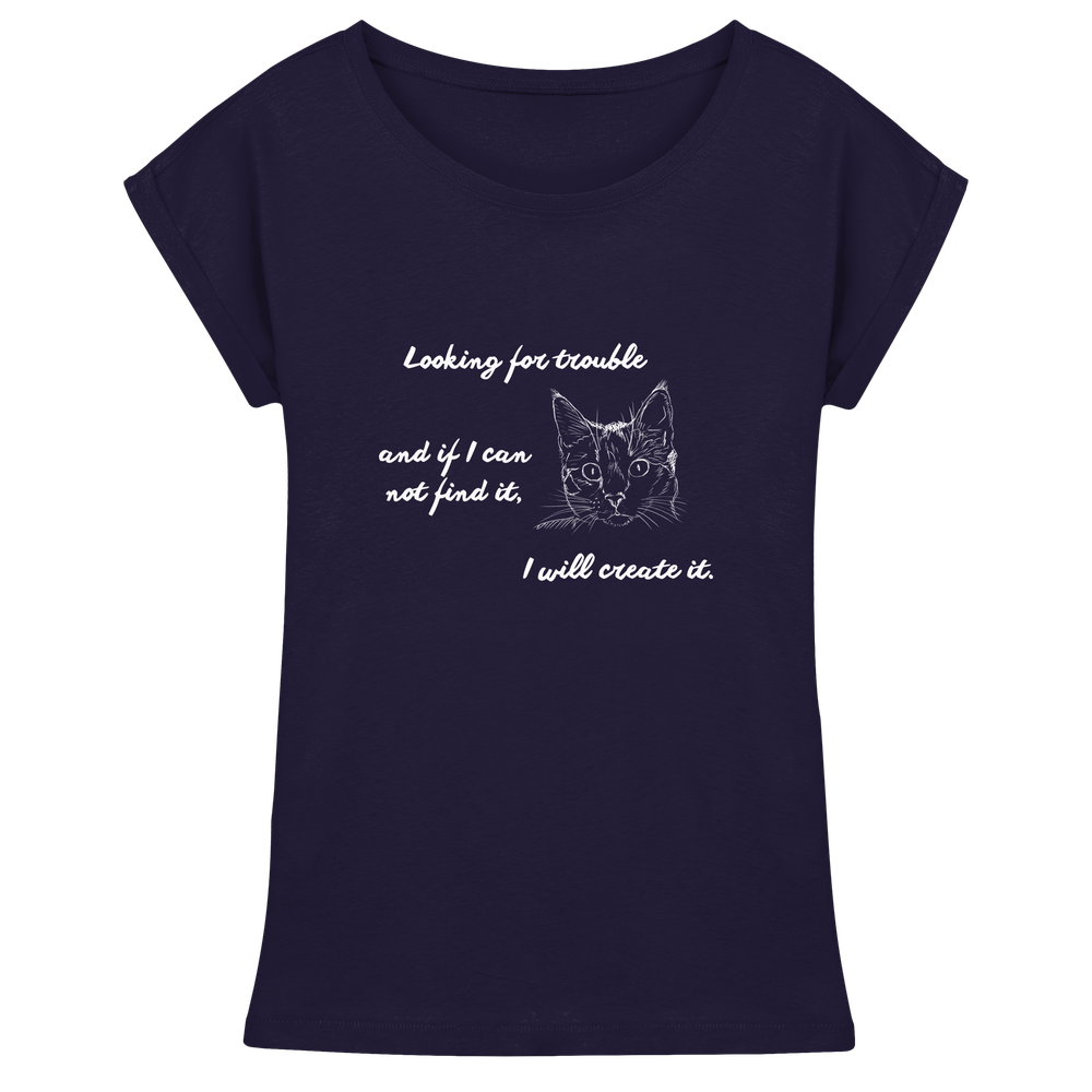 Navy Damen T-Shirt mit weißem Katzen-Print und umgeschlagenen Ärmeln, Long Fit aus Baumwolle