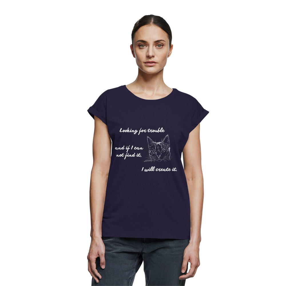 Damen T-Shirt Katzen „trouble“ in Navy mit weißem Print, moderne extended shoulders Passform