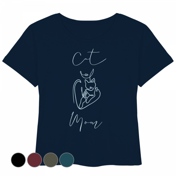 Dunkelblaues Cat Mom Damen Shirt mit stilvollem Katzenmotiv wird von Model getragen