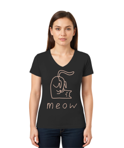 Dame trägt schwarzes Bio V-Neck Shirt mit rosa Katzenmotiv meow von LEODIN Design