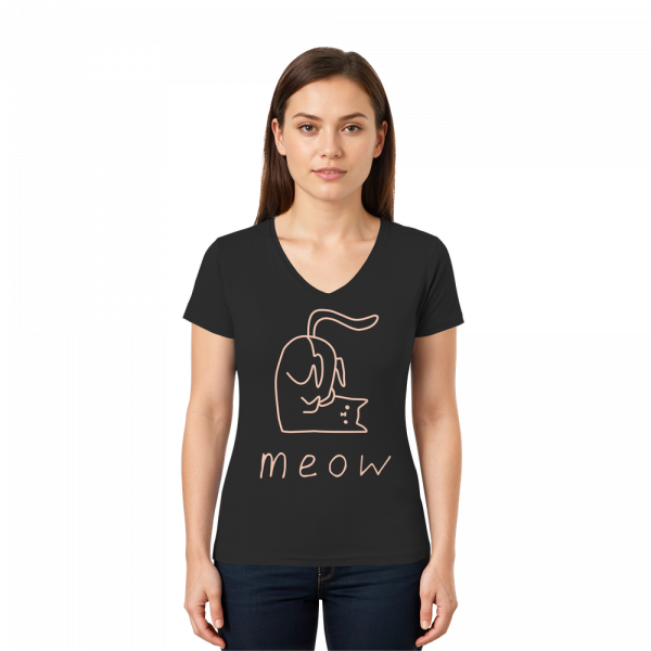 Dame trägt schwarzes Bio V-Neck Shirt mit rosa Katzenmotiv meow von LEODIN Design
