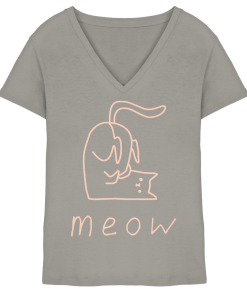 Model trägt graues Damen V-Neck T-Shirt mit rosa Katzen Linienprint meow