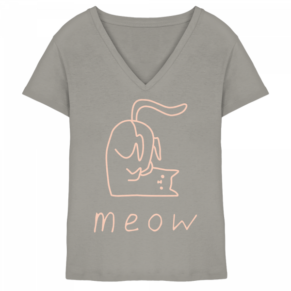 Model trägt graues Damen V-Neck T-Shirt mit rosa Katzen Linienprint meow