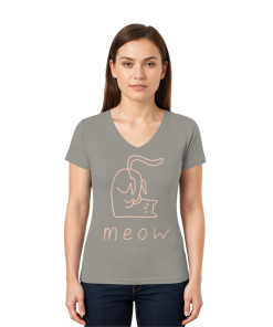 Model trägt graues Damen V-Neck T-Shirt mit rosa Katzen Linienprint meow