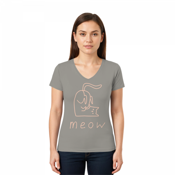 Model trägt graues Damen V-Neck T-Shirt mit rosa Katzen Linienprint meow