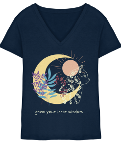 Dunkelblaues Katzen Shirt Damen mit spirituellem Katzenmotiv und Schriftzug