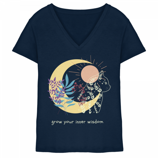 Dunkelblaues Katzen Shirt Damen mit spirituellem Katzenmotiv und Schriftzug