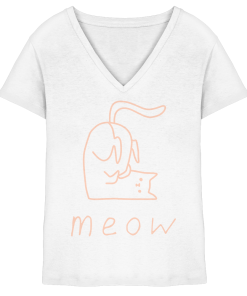 Weißes Damen V-Neck T-Shirt mit rosa Katzen Linienprint meow aus Bio-Baumwolle von LEODIN Design