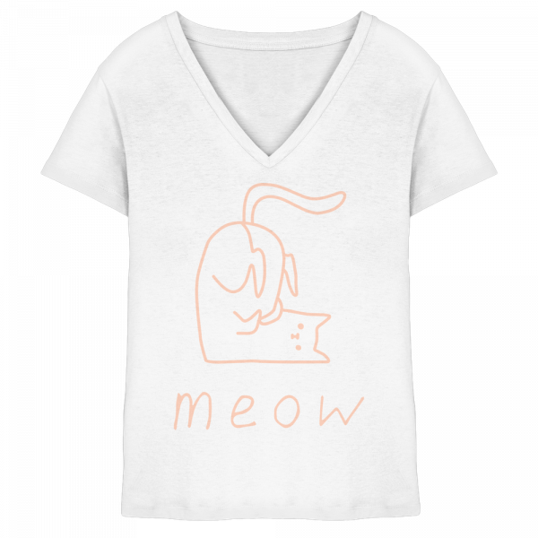 Weißes Damen V-Neck T-Shirt mit rosa Katzen Linienprint meow aus Bio-Baumwolle von LEODIN Design